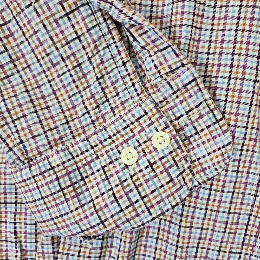 Peter Millar Shirt Adult Large Blue Brown Plaid Button Up Linen Cotton Mens - Picture 2 of 10